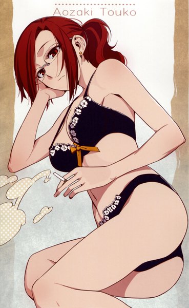 Anime picture 3484x5657 with kara no kyoukai type-moon aozaki touko morii shizuki long hair tall image highres light erotic red eyes absurdres red hair scan underwear only smoking girl underwear panties glasses lingerie bra