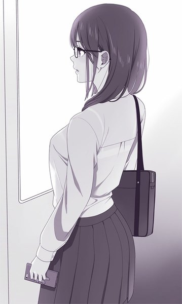 Anime picture 539x900 with original mattaku mousuke single long hair tall image fringe breasts open mouth large breasts standing profile pleated skirt from behind monochrome arched back surprised girl skirt uniform school uniform