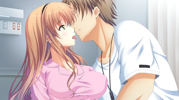 Anime picture 2560x1440 with atled everlasting song long hair highres brown hair wide image green eyes game cg couple almost kiss girl boy hairband