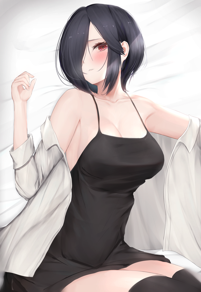 Anime picture 2454x3563 with tokyo ghoul studio pierrot kirishima touka user yexh7882 single tall image looking at viewer blush fringe highres short hair breasts light erotic black hair red eyes large breasts bare shoulders lying from above hair over one eye
