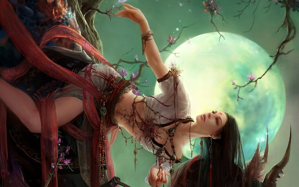 Anime picture 1920x1200 with dehong he long hair highres brown hair wide image green eyes realistic night tattoo girl navel flower (flowers) plant (plants) petals tree (trees) bracelet pendant insect butterfly moon