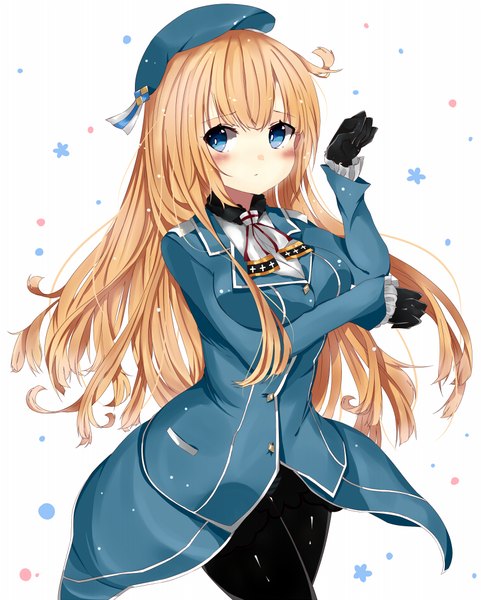 Anime picture 804x1000 with kantai collection atago heavy cruiser neku naorin single long hair tall image blush fringe breasts blue eyes light erotic blonde hair large breasts standing white background looking away girl gloves uniform flower (flowers)