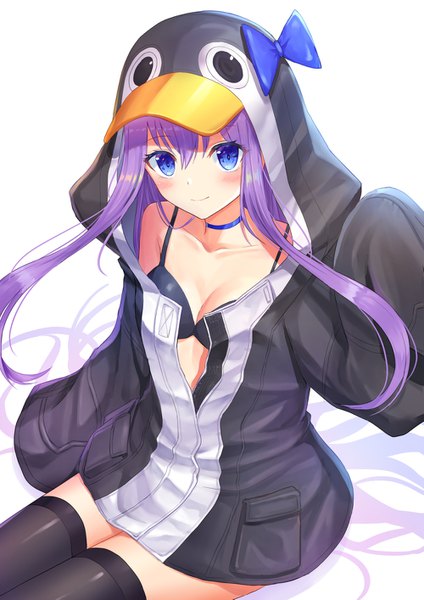 Anime picture 999x1413 with fate (series) fate/grand order meltryllis (fate) meltryllis (swimsuit lancer) (fate) meltryllis (swimsuit lancer) (first ascension) (fate) seungju lee single tall image blush blue eyes light erotic smile white background sitting purple hair very long hair partially open clothes girl thighhighs black thighhighs