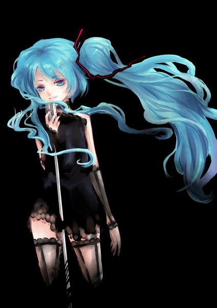 Anime picture 2480x3507 with vocaloid hatsune miku aki single long hair tall image looking at viewer fringe highres simple background standing nail polish aqua eyes wind aqua hair bare belly black background girl thighhighs dress