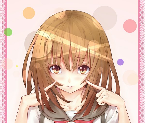 Anime picture 1037x884 with bakemonogatari shaft (studio) monogatari (series) sengoku nadeko daniel9140 single long hair looking at viewer blush brown hair brown eyes girl uniform school uniform