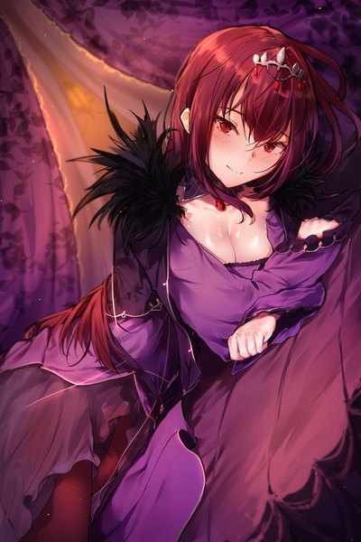 Anime picture 1000x1500 with fate (series) fate/grand order scathach (fate) (all) scathach skadi (fate) hplay (kyoshinou) single long hair tall image looking at viewer blush fringe breasts hair between eyes red eyes cleavage red hair indoors lying long sleeves head tilt