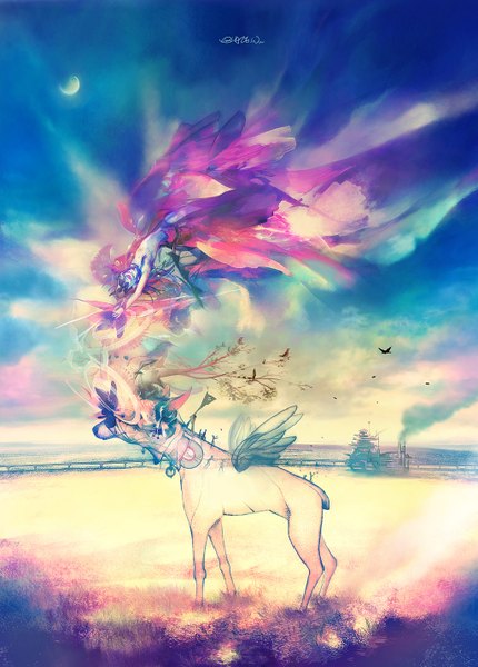 Anime picture 1024x1428 with original blazewu tall image sky landscape dress animal wings bird (birds) moon deer