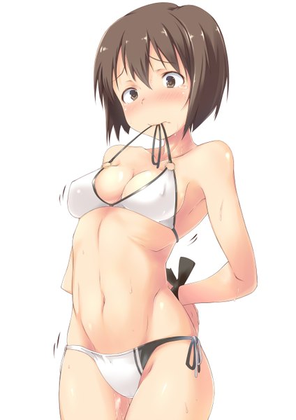 Anime picture 1040x1471 with idolmaster hagiwara yukiho spirytus tarou single tall image blush short hair breasts open mouth light erotic brown hair white background holding brown eyes embarrassed tears mouth hold groin hands behind back bondage