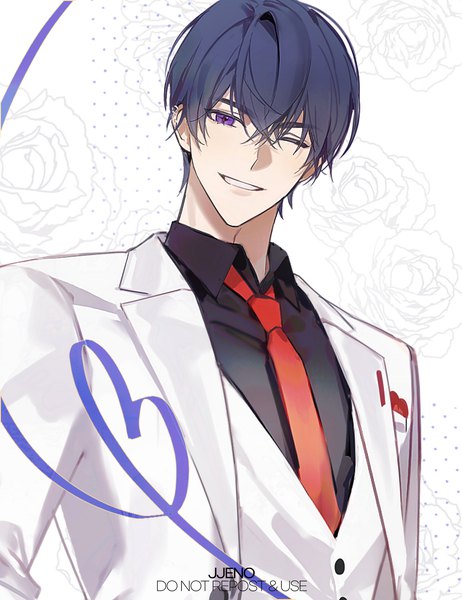 Anime picture 1000x1300 with tears of themis marius von hagen (tears of themis) jyan512 single tall image short hair smile white background purple eyes signed blue hair upper body one eye closed wink grin piercing ear piercing floral background heart of string boy