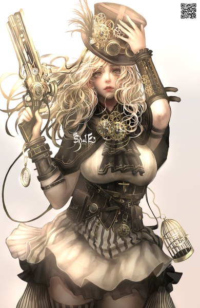 Anime picture 1000x1538 with original shale single long hair tall image looking at viewer breasts blonde hair simple background holding signed parted lips arm up grey eyes gradient background wavy hair lacing adjusting hat underbust curly hair