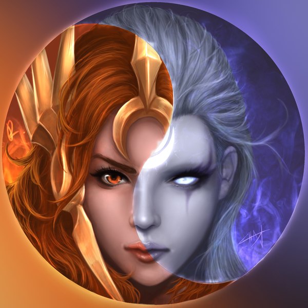 Anime picture 2000x2000 with league of legends leona (league of legends) diana (league of legends) nishisuzu long hair looking at viewer highres multiple girls signed silver hair lips orange hair orange eyes close-up face silver eyes girl 2 girls