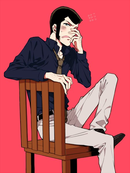 Anime-Bild 900x1199 mit lupin iii arsene lupin iii hoyano single tall image blush short hair open mouth black hair simple background sitting bent knee (knees) embarrassed pink background hand on face flying sweatdrops formal sidewhiskers boy shirt