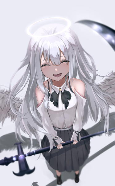 Anime picture 2000x3220 with original una hirag single long hair tall image looking at viewer highres open mouth standing holding silver hair eyes closed pleated skirt from above shadow angel wings ^ ^ white wings ^o^ angel