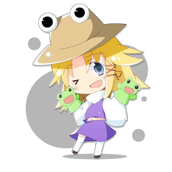Anime picture 800x800 with touhou moriya suwako nihonbato single looking at viewer blush fringe short hair open mouth blue eyes blonde hair simple background standing white background full body one eye closed wink wide sleeves shadow lens flare