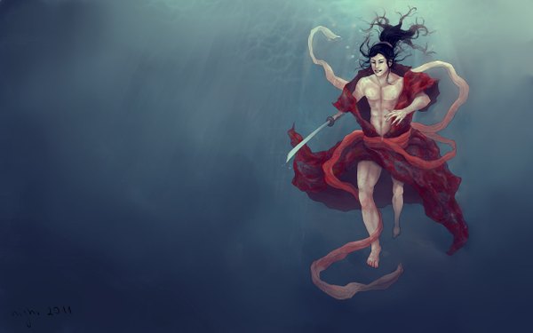 Anime picture 2560x1600 with vagabond kojirou sasaki nighr takehiko inoue single long hair highres light erotic simple background wide image ponytail japanese clothes black eyes open clothes underwater boy weapon sword katana