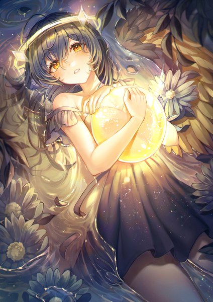 Anime picture 2481x3508 with original mirage (rairudiseu) single long hair tall image looking at viewer blush fringe highres black hair hair between eyes yellow eyes ahoge lying parted lips from above on back partially submerged glowing strap slip