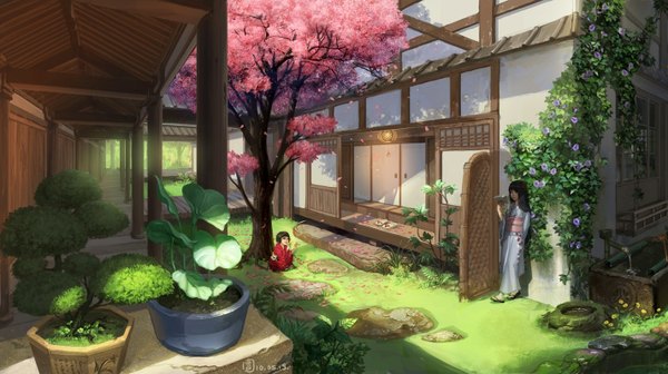 Anime picture 1426x800 with original ivy mugon wide image japanese clothes cherry blossoms summer spring plant (plants) tree (trees) kimono house sliding doors japanese house fusuma