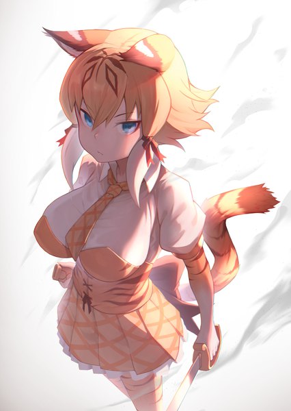 Anime picture 2480x3496 with kemono friends smilodon (kemono friends) st.takuma single tall image looking at viewer blush fringe highres short hair breasts blue eyes light erotic simple background hair between eyes large breasts standing white background holding animal ears