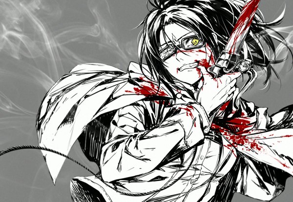 Anime picture 1012x701 with shingeki no kyojin production i.g hange zoe madogawa single simple background yellow eyes looking away ponytail grey background grin monochrome steam spot color girl weapon sword glasses blood