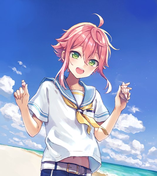 Anime picture 1000x1121 with ensemble stars! himemiya touri rimo single tall image looking at viewer blush fringe short hair open mouth smile hair between eyes standing holding green eyes payot pink hair sky cloud (clouds) ahoge