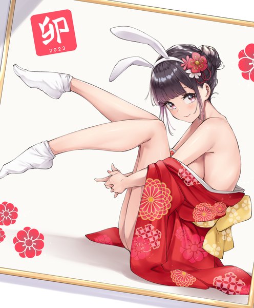 Anime picture 1017x1230 with original wing (aiastor) single tall image looking at viewer fringe short hair breasts light erotic black hair smile animal ears payot full body blunt bangs traditional clothes japanese clothes pink eyes hair bun (hair buns) bunny ears