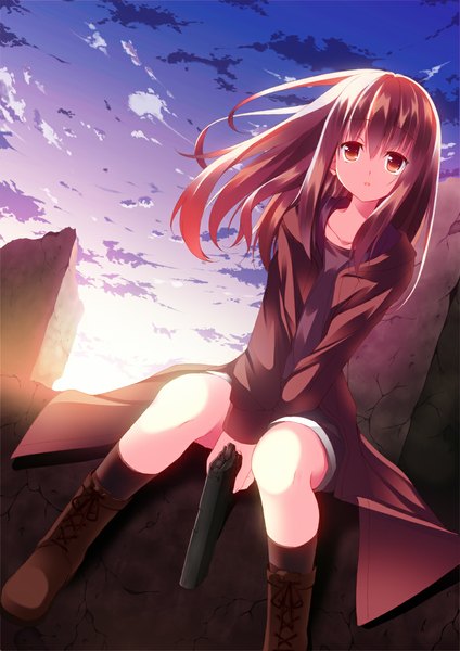 Anime picture 800x1132 with original a flow single long hair tall image looking at viewer brown hair sitting brown eyes sky cloud (clouds) girl weapon boots gun