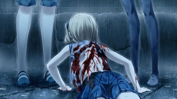 Anime picture 1024x576 with suigetsu 2 long hair light erotic blonde hair wide image game cg rain girl skirt serafuku blood
