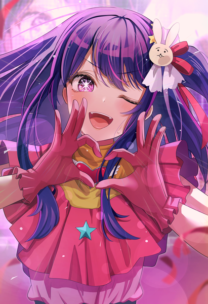 Anime picture 2804x4093 with oshi no ko hoshino ai (oshi no ko) musson single long hair tall image looking at viewer highres open mouth purple eyes purple hair upper body one eye closed wink one side up ;d heart hands girl gloves hair ornament