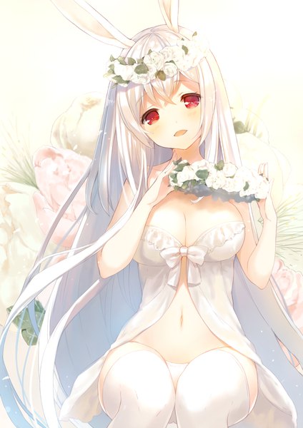 Anime-Bild 1076x1522 mit virtual youtuber mofumofu channel cynthia riddle p19 single tall image looking at viewer breasts open mouth light erotic red eyes large breasts sitting animal ears cleavage white hair very long hair head tilt :d bare belly