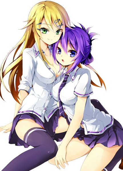 Anime picture 719x1000 with original chiyingzai long hair tall image short hair open mouth blue eyes simple background blonde hair white background multiple girls green eyes purple hair folded ponytail girl thighhighs skirt uniform hair ornament 2 girls