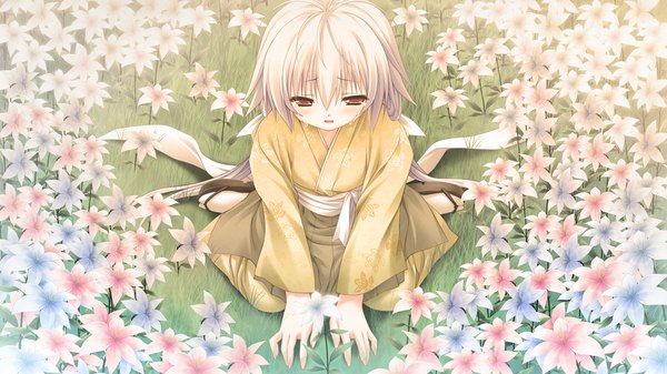 Anime picture 1280x720 with hanairo heptagram moekibara fumitake blush short hair red eyes wide image game cg white hair traditional clothes japanese clothes loli tears girl flower (flowers) kimono