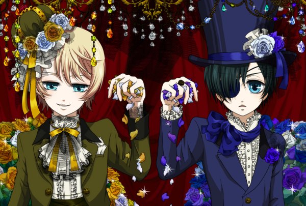 Anime picture 1200x811 with kuroshitsuji a-1 pictures ciel phantomhive alois trancy looking at viewer short hair blue eyes black hair blonde hair multiple boys boy flower (flowers) hat petals bowtie 2 boys ring eyepatch