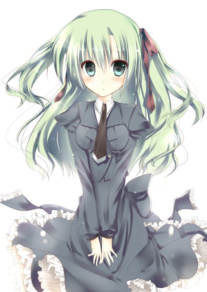 Anime picture 2149x3035 with original amane ruri single long hair tall image looking at viewer blush highres blue eyes simple background white background green hair girl dress ribbon (ribbons) hair ribbon necktie