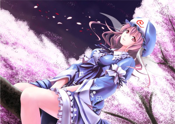 Anime picture 1414x1000 with touhou saigyouji yuyuko sudakei (artist) single long hair red eyes sitting pink hair japanese clothes light smile cherry blossoms girl plant (plants) petals tree (trees) frills bonnet