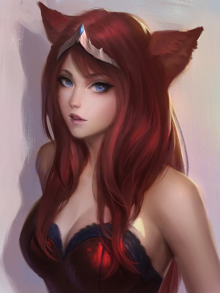Anime picture 1129x1500 with final fantasy final fantasy xiv square enix miqo'te chaosringen single long hair tall image looking at viewer fringe breasts blue eyes light erotic simple background bare shoulders animal ears cleavage upper body red hair parted lips