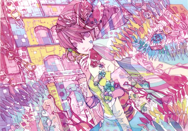 Anime picture 4281x2977 with original pixiv pixiv girls collection 2010 morino mao single looking at viewer highres short hair bare shoulders pink hair absurdres pink eyes light smile scan street abstract multicolored girl plant (plants) star (symbol)