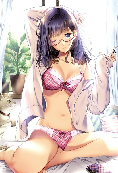 Anime picture 2262x3300 with original melonbooks suzuka oda single long hair tall image looking at viewer blush fringe highres breasts blue eyes light erotic black hair sitting bare shoulders bent knee (knees) indoors blunt bangs head tilt