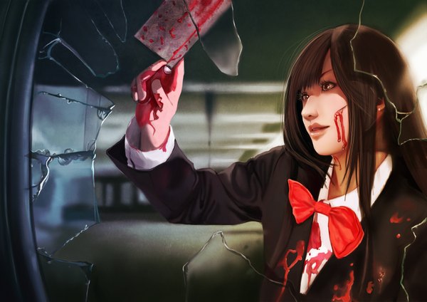 Anime picture 3508x2480 with original ares6792 single long hair highres open mouth brown hair standing brown eyes absurdres realistic blood on face bloody clothes bloody weapon broken glass girl uniform school uniform window bowtie