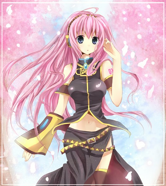 Anime picture 1000x1119 with vocaloid megurine luka hinase haruka single long hair tall image blue eyes pink hair girl thighhighs skirt navel black thighhighs detached sleeves petals headphones skirt set