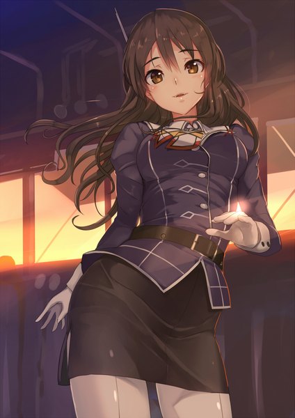 Anime picture 1413x2000 with kantai collection ashigara heavy cruiser akasaai single long hair tall image looking at viewer blush breasts smile brown hair standing brown eyes indoors parted lips arm up sunlight from below lens flare girl