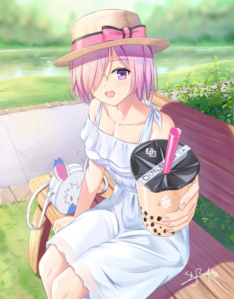 Anime picture 783x1000 with fate (series) fate/grand order mash kyrielight skyrail (skynetrailgun) single tall image looking at viewer blush fringe short hair open mouth smile sitting purple eyes holding pink hair outdoors nail polish :d fingernails