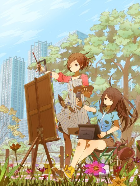 Anime picture 1049x1400 with original tomioka jirou long hair tall image fringe short hair brown hair standing sitting multiple girls brown eyes one eye closed wink painting girl flower (flowers) 2 girls plant (plants) tree (trees) shorts