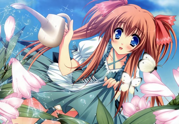 Anime picture 6028x4181 with hello,good-bye lump of sugar yukishiro may moekibara fumitake long hair blush highres blue eyes brown hair twintails absurdres girl dress flower (flowers) insect butterfly bailer
