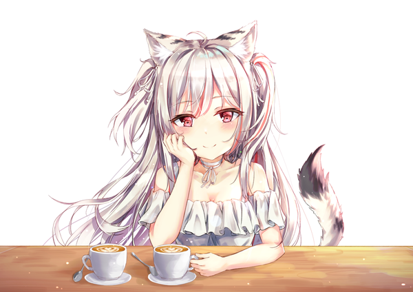 Anime picture 1414x1000 with original beliatan single long hair looking at viewer blush fringe breasts simple background smile red eyes white background bare shoulders holding animal ears cleavage silver hair upper body tail very long hair
