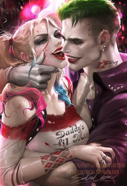 Anime picture 684x1000 with batman suicide squad dc comics harley queen the joker sakimichan long hair tall image blush short hair breasts open mouth blonde hair large breasts twintails signed blue hair looking away pink hair upper body