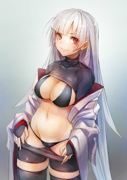 Anime picture 1196x1700 with original tsuru-chan taishi (picchiridou) single long hair tall image looking at viewer fringe breasts light erotic simple background smile red eyes large breasts standing white hair bare belly shirt lift girl thighhighs