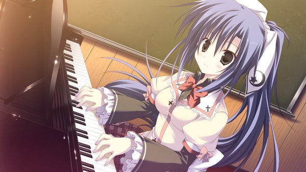 Anime picture 1280x720 with gakuou tenguji aquarius uduki korie riko single long hair blush smile wide image sitting purple eyes blue hair game cg ponytail playing instrument girl uniform school uniform musical instrument piano