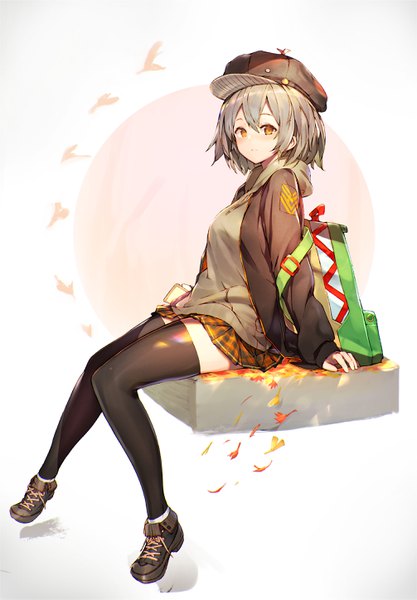 Anime picture 2010x2893 with original enj! single tall image looking at viewer blush fringe highres short hair simple background hair between eyes white background sitting silver hair full body bent knee (knees) pleated skirt arm support open jacket orange eyes