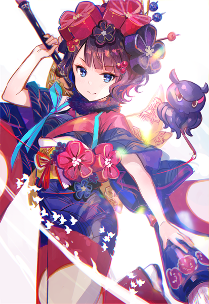 Anime picture 778x1130 with fate (series) fate/grand order katsushika hokusai (fate/grand order) tokitarou (fate/grand order) fuzichoco single tall image looking at viewer short hair black hair simple background smile white background bent knee (knees) traditional clothes japanese clothes girl hair ornament kimono obi