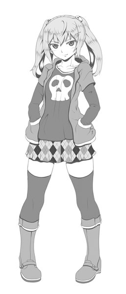 Anime picture 502x1169 with oni-noboru single long hair tall image looking at viewer blush simple background white background monochrome girl thighhighs skirt black thighhighs boots